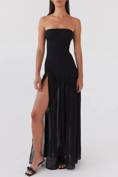 Lizzy® | Strapless semi-transparante maxi-jurk van patchworkchiffon