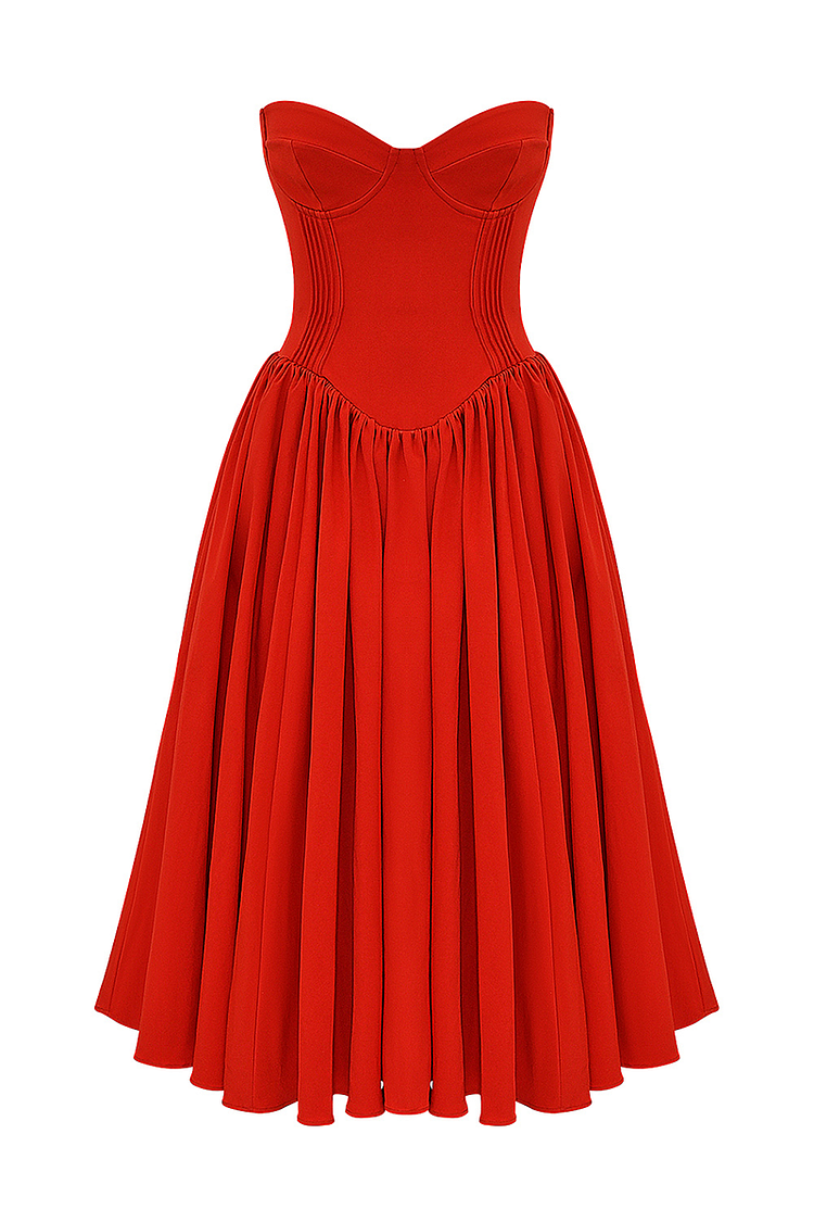 Lisa® | Strapless korset midi-jurk met geplooide zoom voor schoolbal en feest - rood