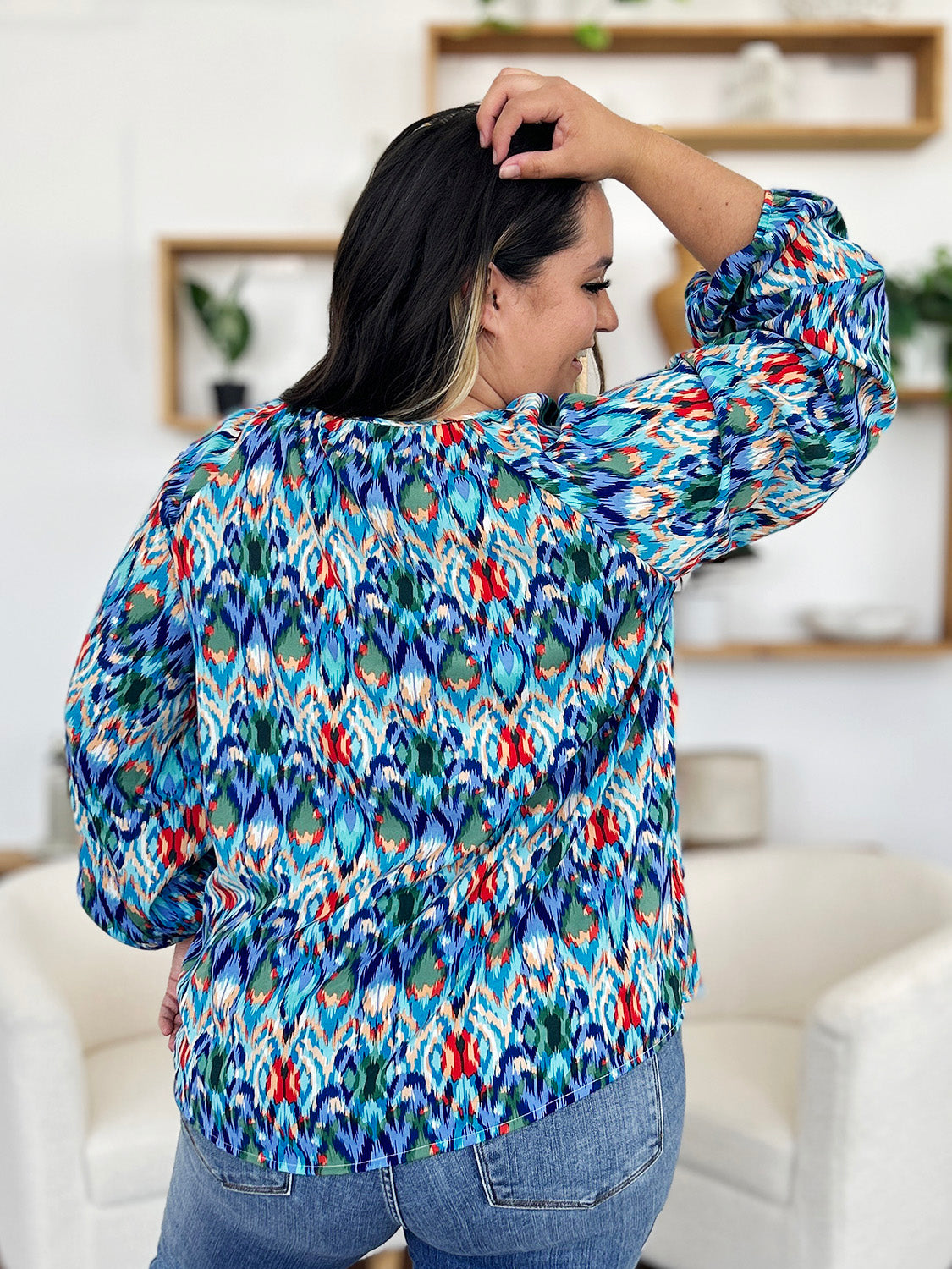 Rosario® | Full size blouse met ballonmouwen en print van Double Take