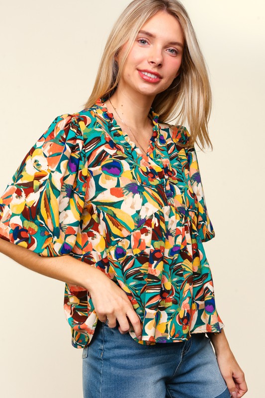 Paulina® | Haptics blouse in volledige grootte met ruches en bloemen en peplummouwen