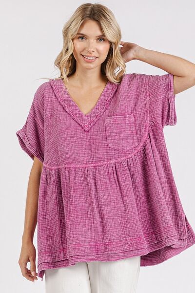 Cassia® | Oversized gaas babydoll blouse met V-hals