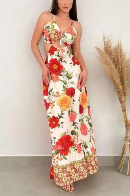 Hana® | Blooming Rose – maxi-jurk met uitsnijdingen en strikbandjes aan de achterkant