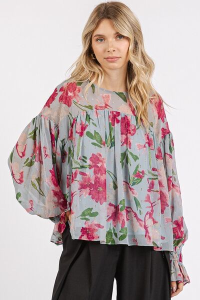 Cristina® | Gebloemde blouse met volantmouwen en een ronde halslijn