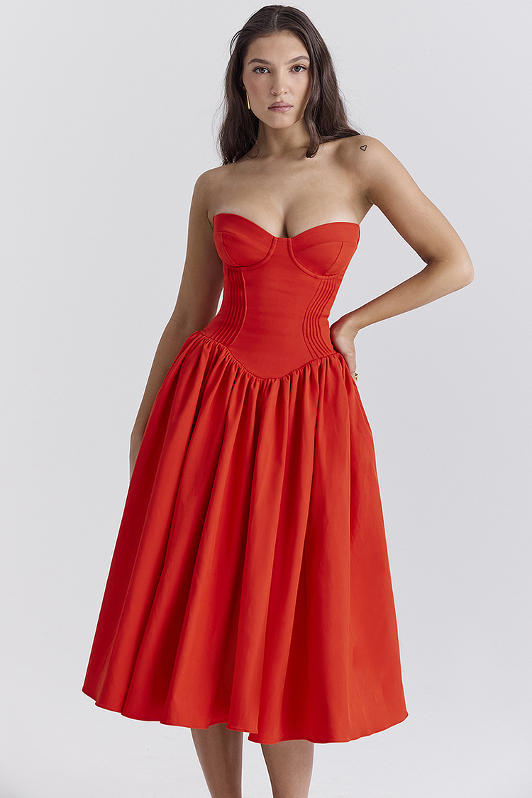 Lisa® | Strapless korset midi-jurk met geplooide zoom voor schoolbal en feest - rood