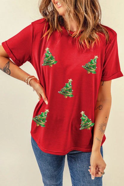 Lourdes® | Kerstboom-T-shirt met ronde hals en korte mouwen met pailletten