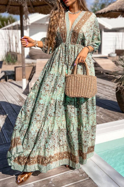 Ella® | Groene maxi-jurk met hoge taille, boho-bloemenprint en trekkoord aan de achterkant